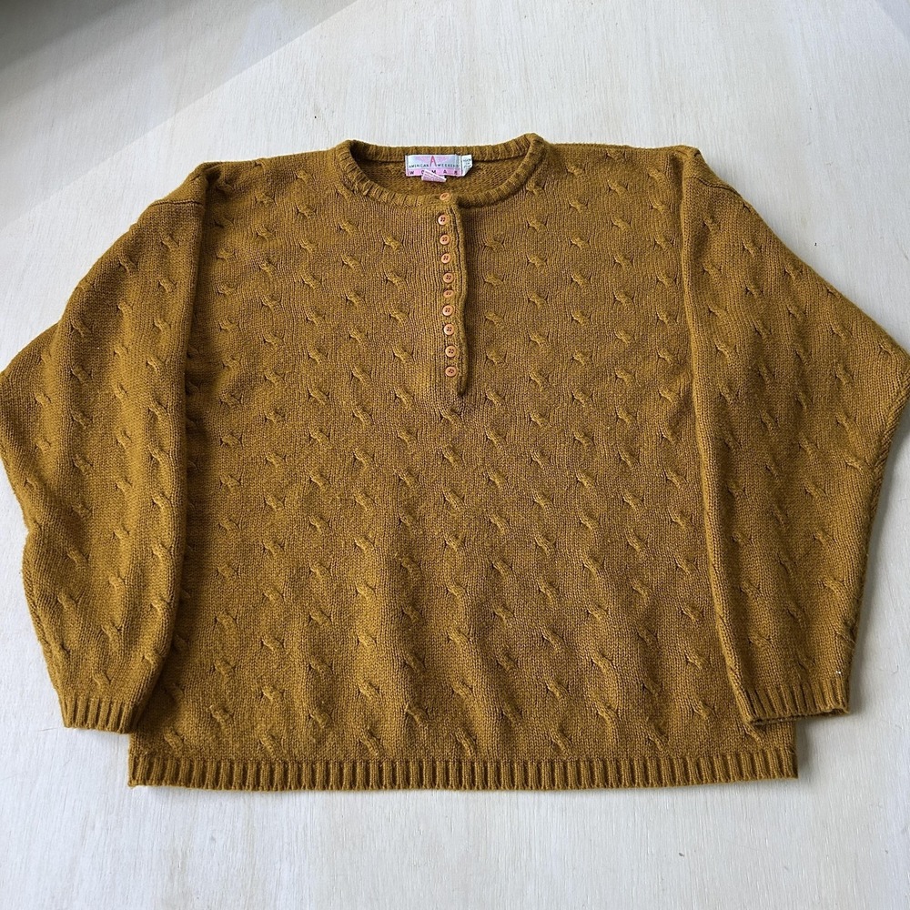 Vintage American Weekend Sweater Womens 20W Yellow Henley Cable Knit Pullover
